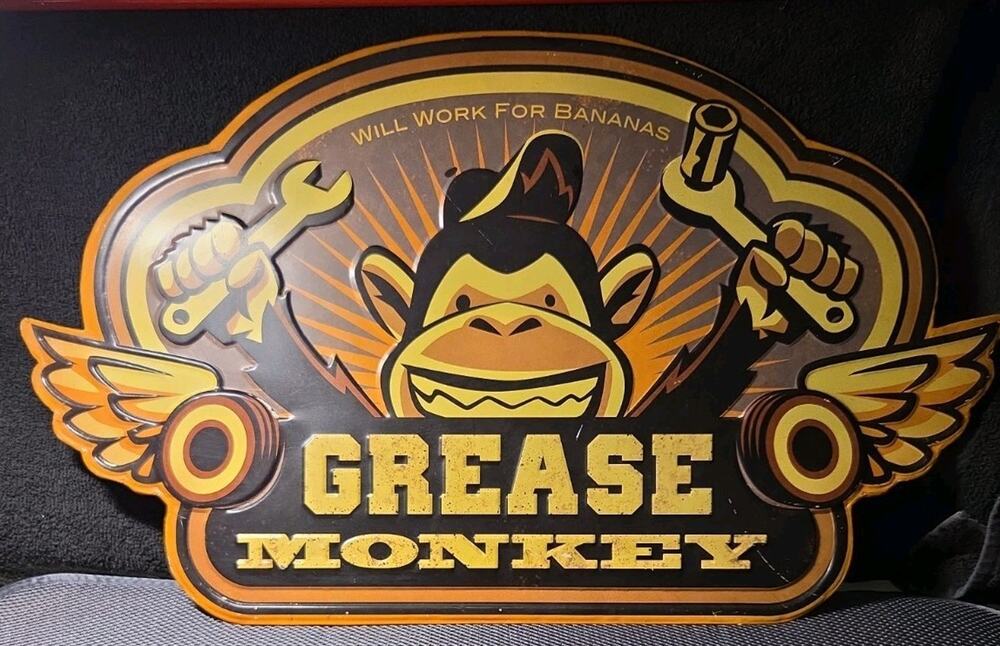 GREASE MONKEY Will WORK FOR BANANAS Wall Tin Metal SIGN GARAGE Car Shop Mancave